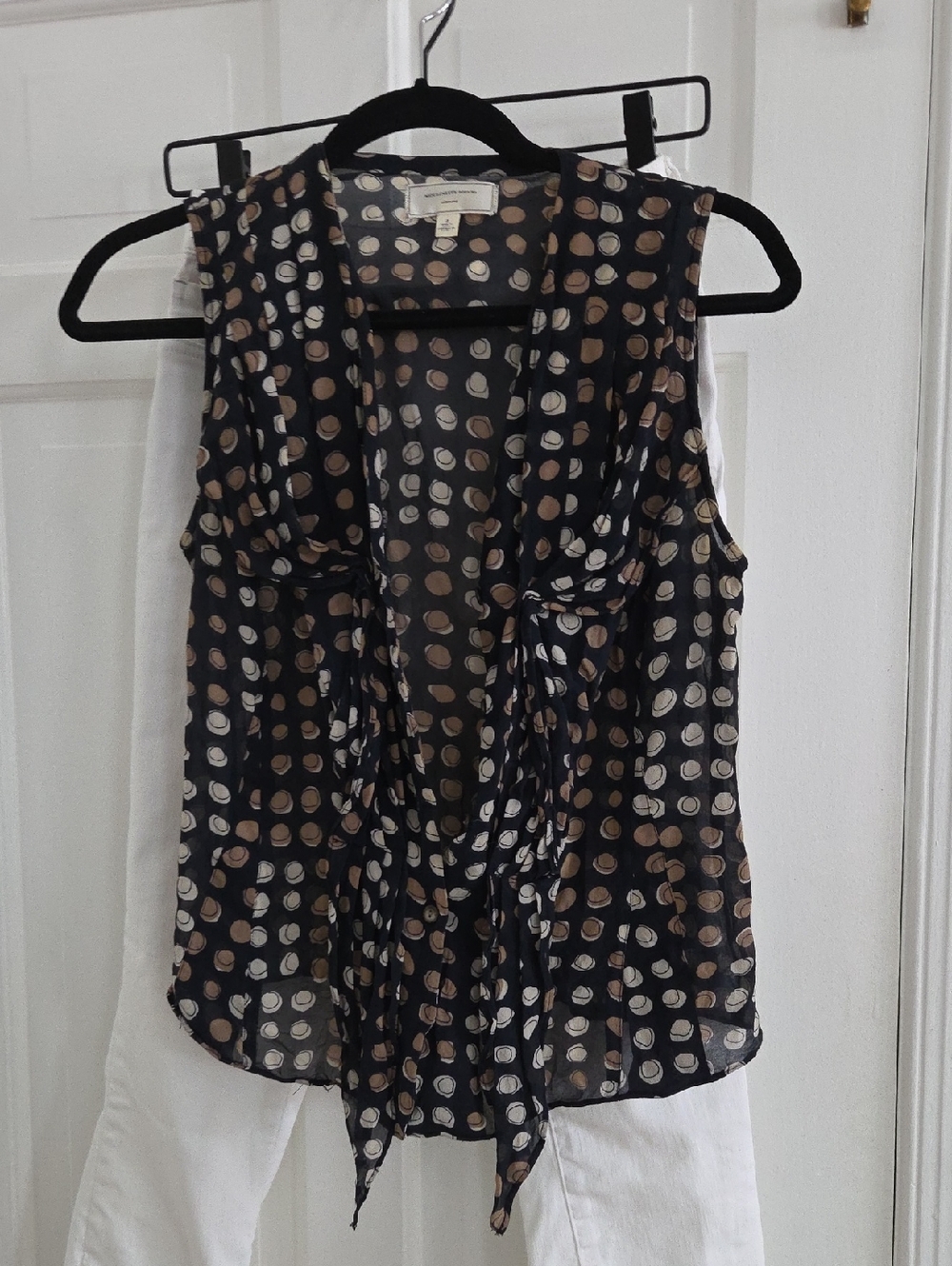 Moulinette Soeurs Black Sheer Polka-Dot Tie-Front Tank with Cream and Tan Dots